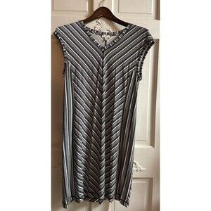 T by Talbots Dress Women Small Black White Striped Stretch Midi Sleeve V-Neck